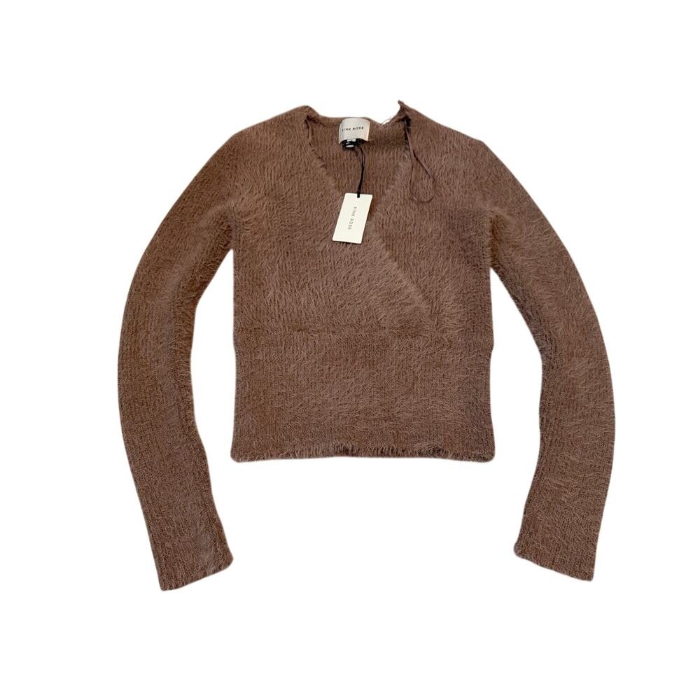 NWT Pink Rose Fuzzy Eyelash Knit Sweater Taupe Brown Cropped V-Neck Small Flaw